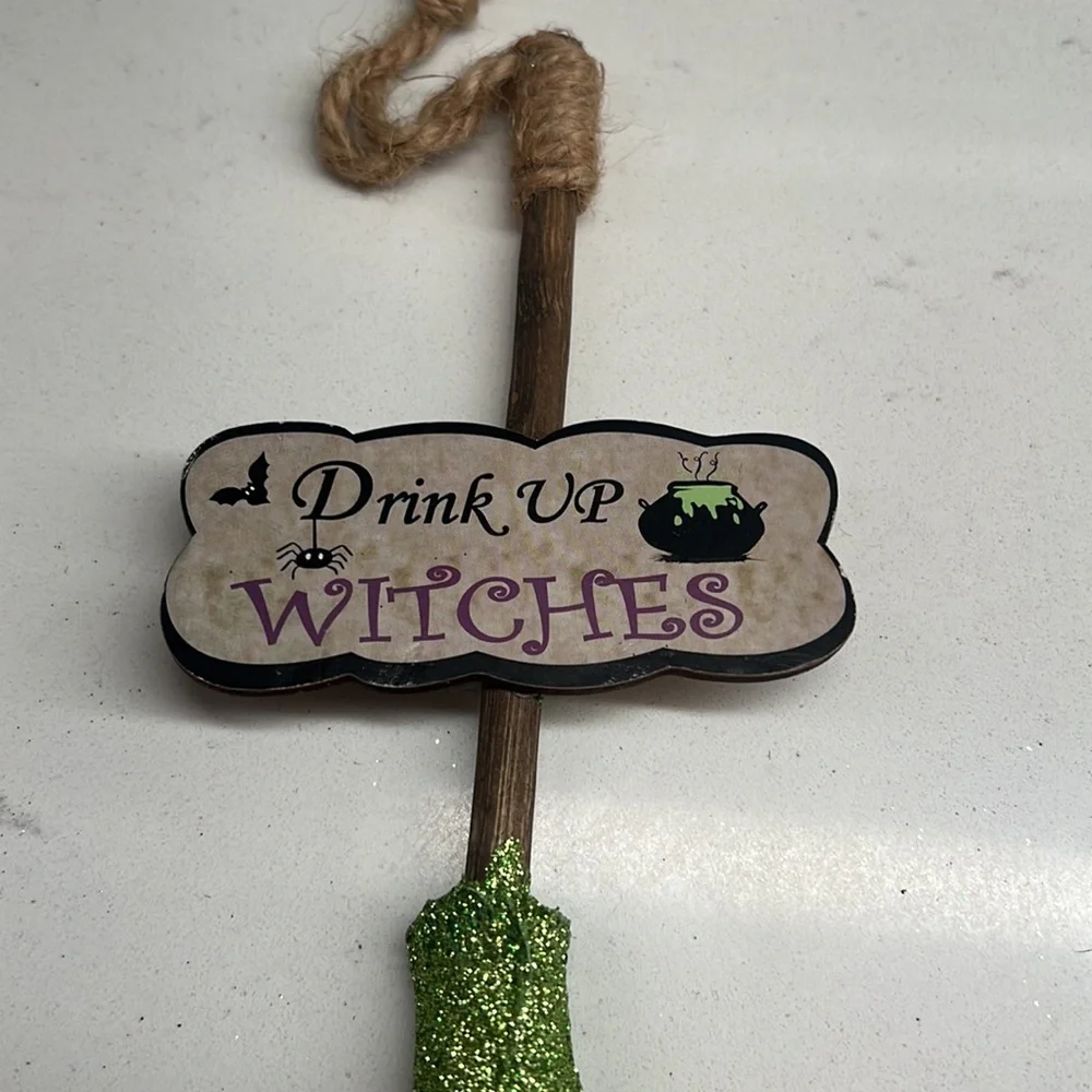 Glittery Witches Broom 11‎ inch Tabletop Halloween Decor Green and Silver